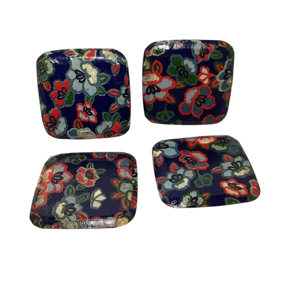 Set of 4 Floral Square Small Decor Plates Blue Red White Gold Gilded Trinkets